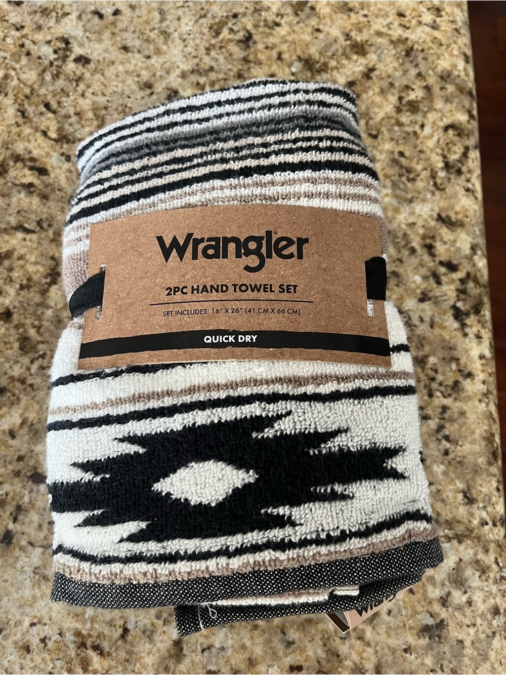 Wrangler Quick Dry Set of 2 Hand Towel Set - Black & Cream Aztec Stripe